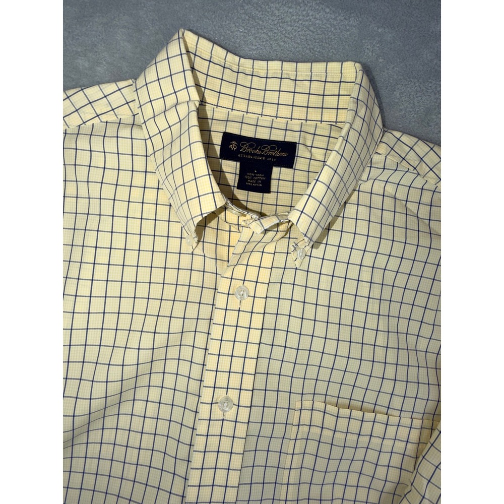 Brooks Brothers Mens Large Yellow Tattersall Short Sleeve Non-Iron Cotton Shirt
